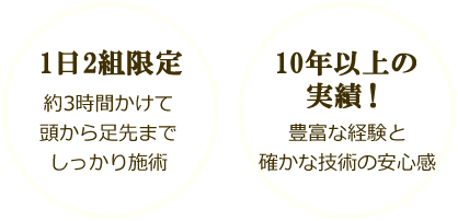 1日2組限定:約3時間かけて頭から足先までしっかり施術　10年以上の実績！:豊富な経験と確かな技術の安心感